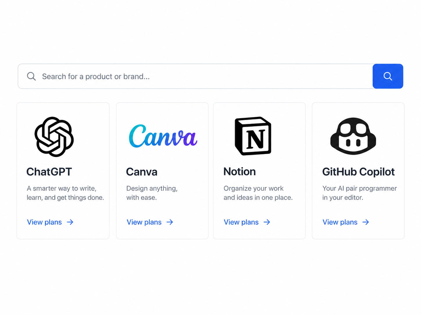 A clean subscription marketplace catalog mockup featuring product cards for ChatGPT, Canva, Notion, and GitHub Copilot.
